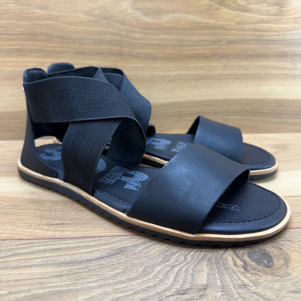 Sorel Ella Womens Sandals Size 6.5 Black Leather Strap Flats
